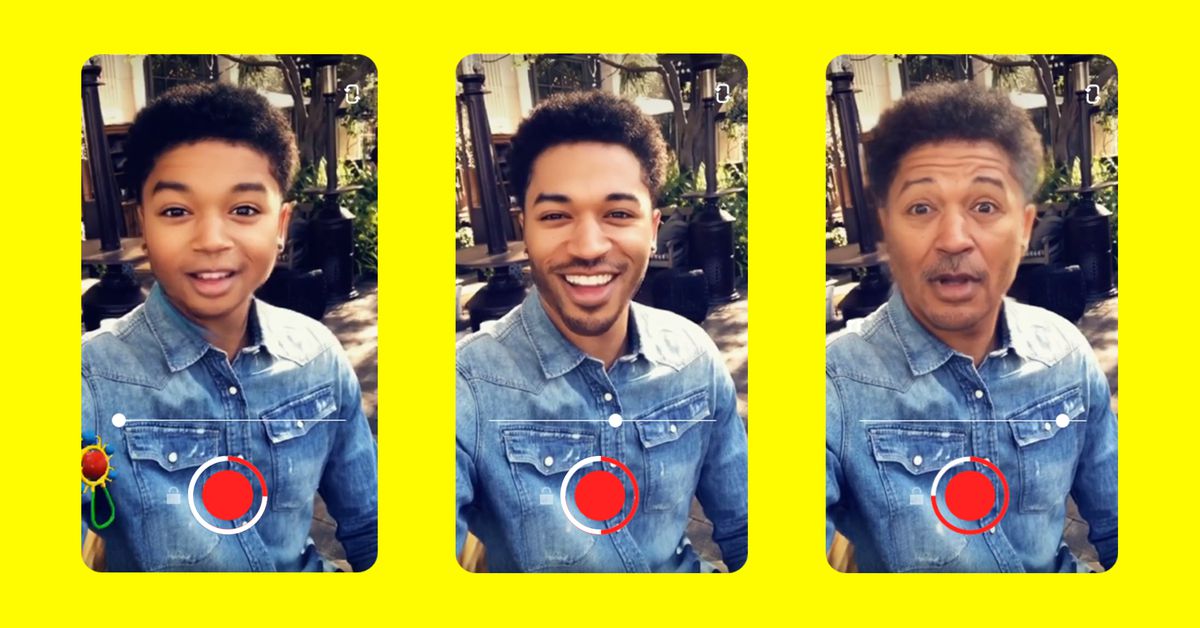 Three photos of a younger, present and older version of a man captured on Snapchat
