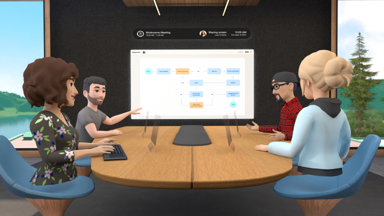 Facebook's Horizon Workrooms with 4 character avatars and a whiteboard