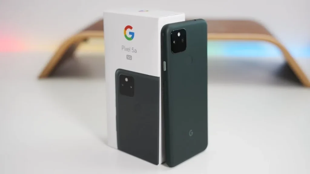 Google Pixel 5A beside its packaging