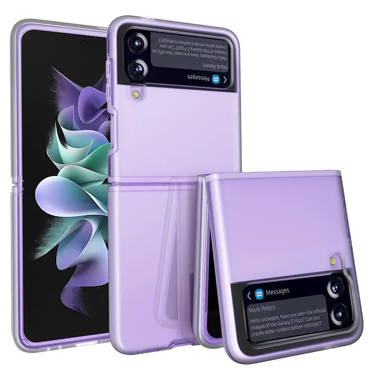 Violet model of the Galaxy Z Flip 4 in different views.
