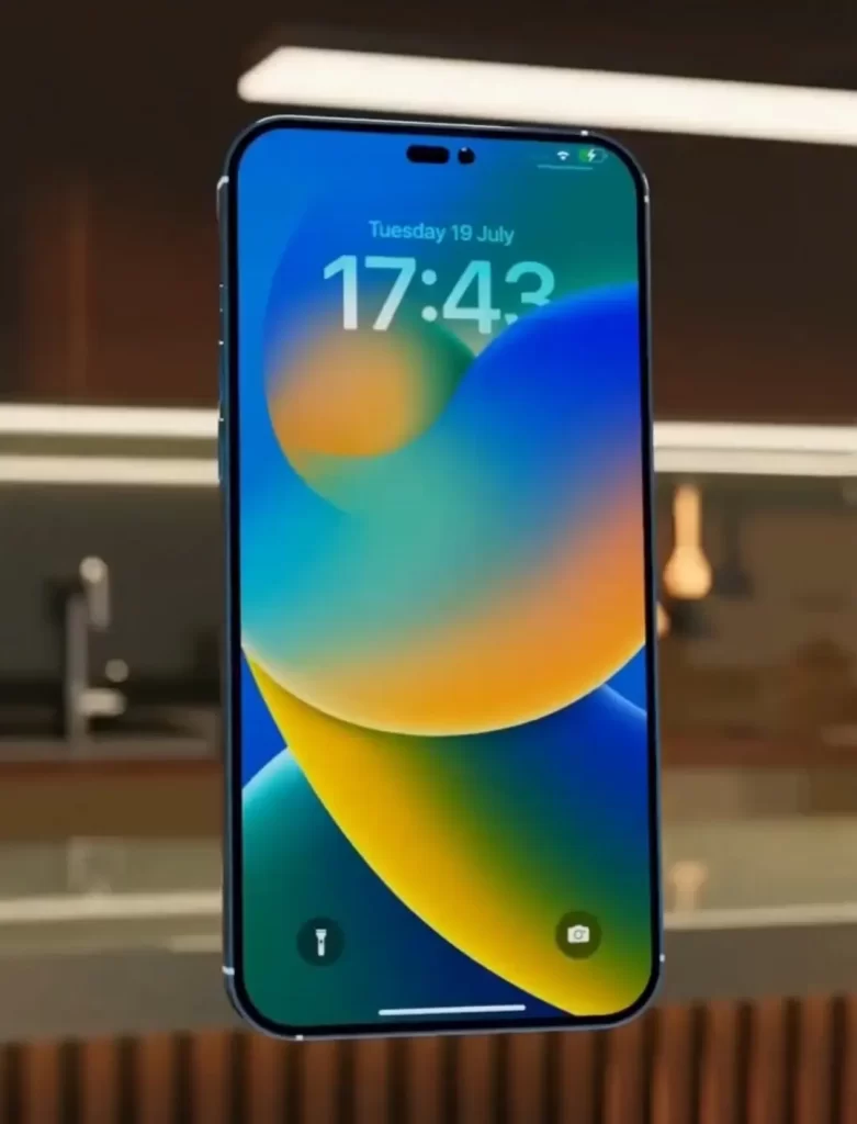 iPhone 14 render with a pill-shaped notch
