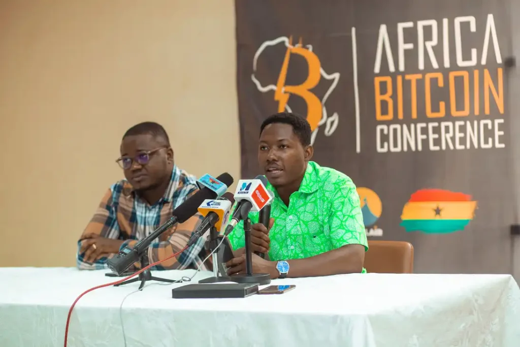 Prince Akpah speaking at a press conference for the Africa Bitcoin Conference