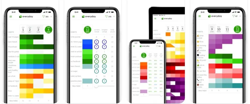 Features of Everyday, a habit tracking app