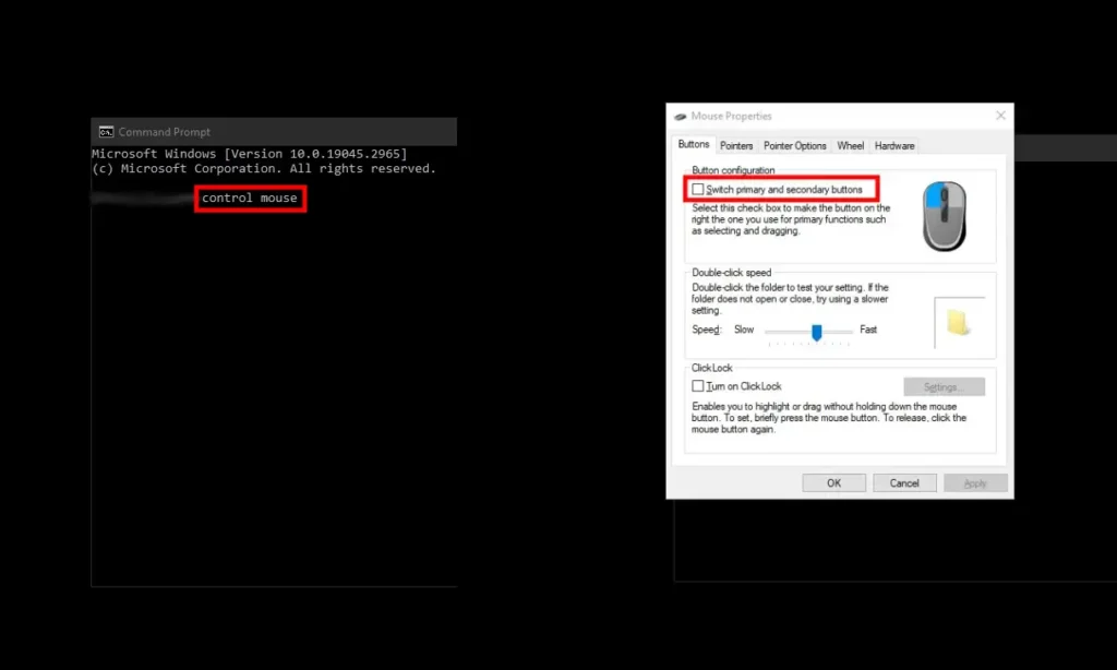 Command prompt showing mouse control settings.