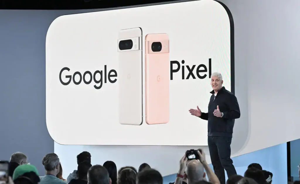 Google Pixel 8 being showcased at a launch event/